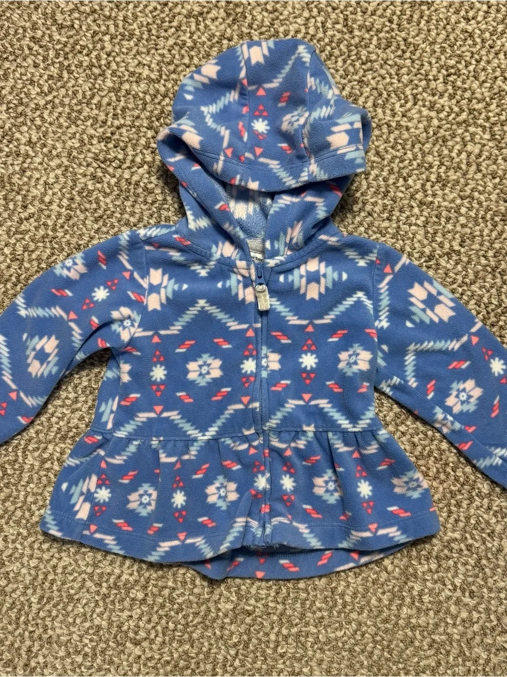 Carter's Baby Girl Fleece Full Zip Hoodie Jacket Blue Aztec Print Peplum 9 Month